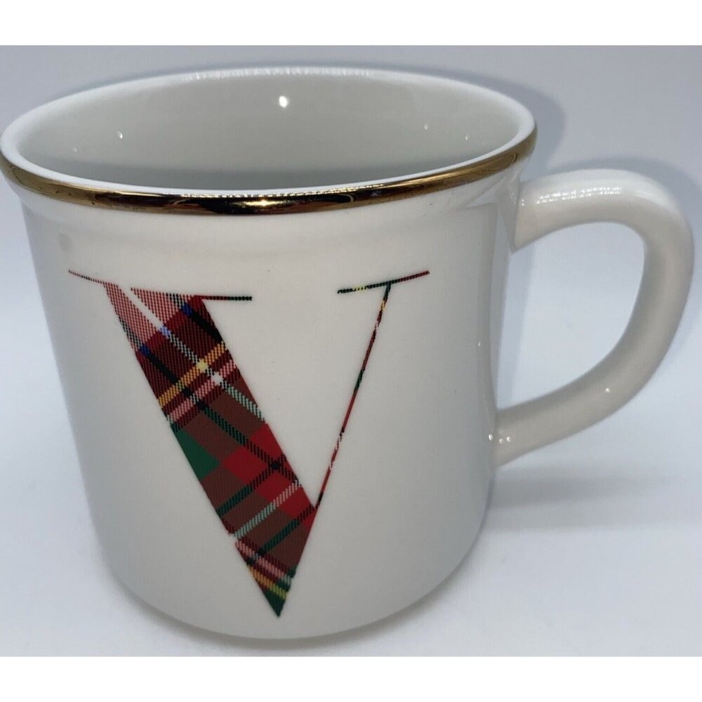 Pottery Barn Stewart Plaid Holiday Coffee Mug Monogram Initial Alphabet Letter V